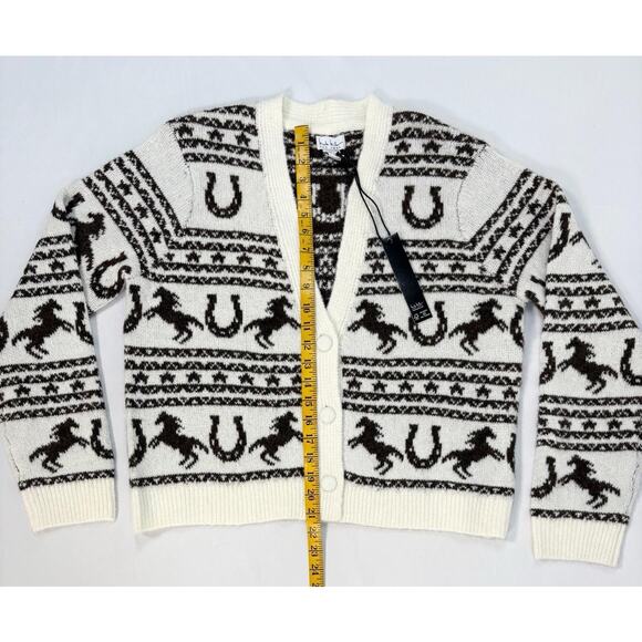 Women’s Aztec Ivory Brown Horse Print Knit Western Cardigan Sweater Sz M - Picture 7 of 12